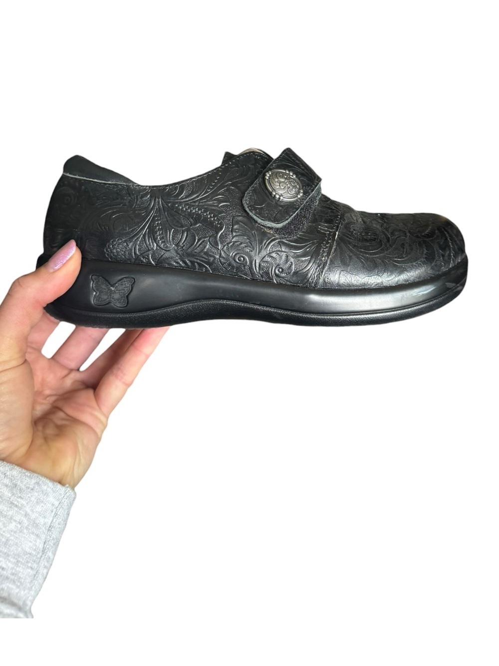 Alegria Leather Embossed Floral Clogs 7.5 Mary Jane Comfort Shoes Black Boho
